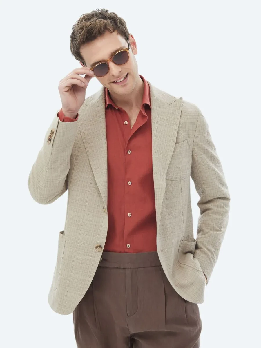 Mink Checkered Modern Fit Wool Blended Jacket - 1