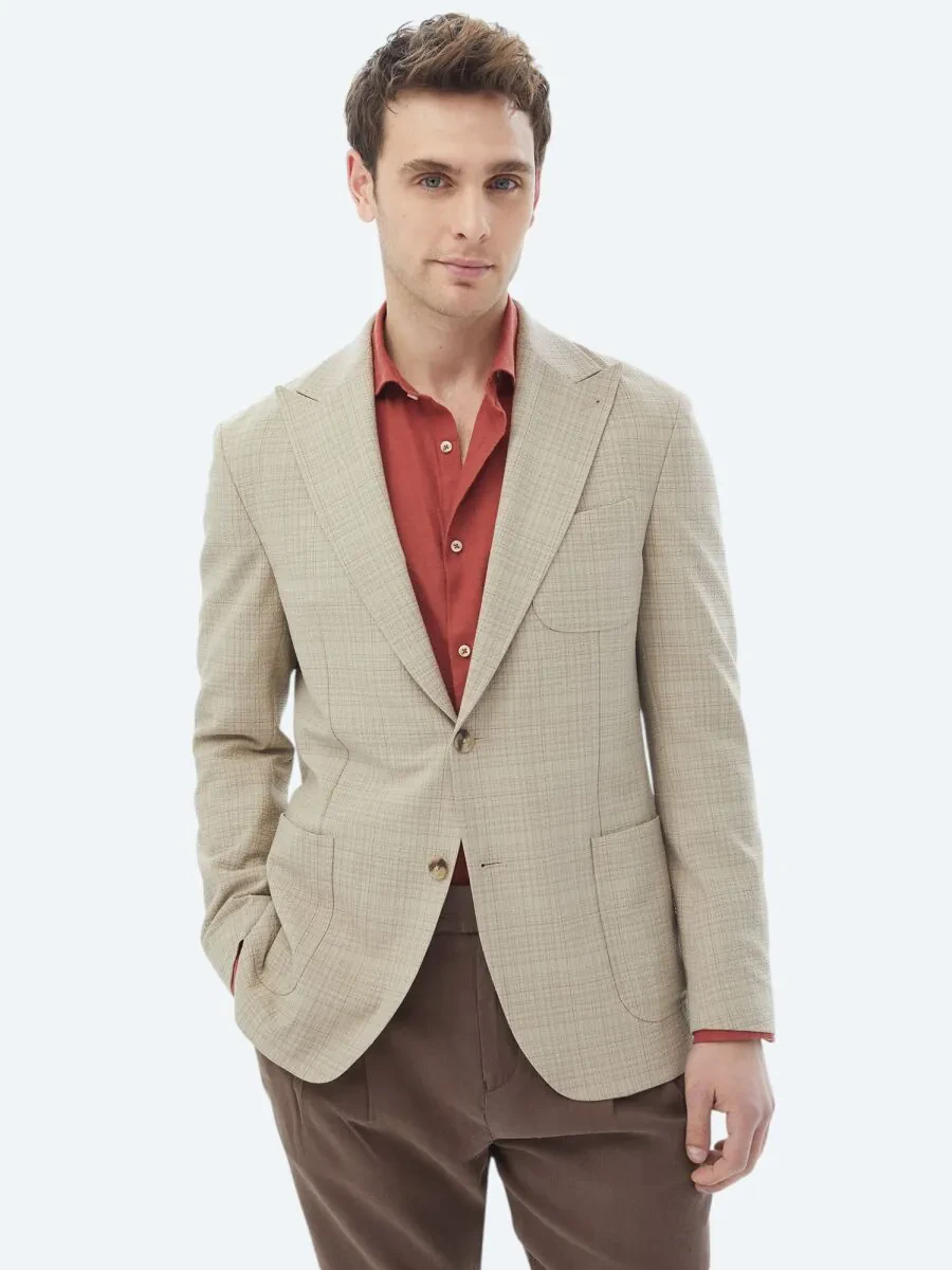 Mink Checkered Modern Fit Wool Blended Jacket - 5