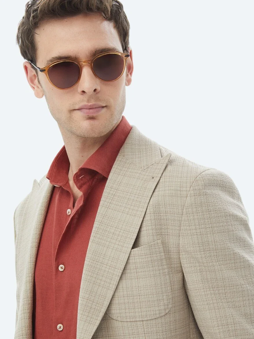 Mink Checkered Modern Fit Wool Blended Jacket - 6