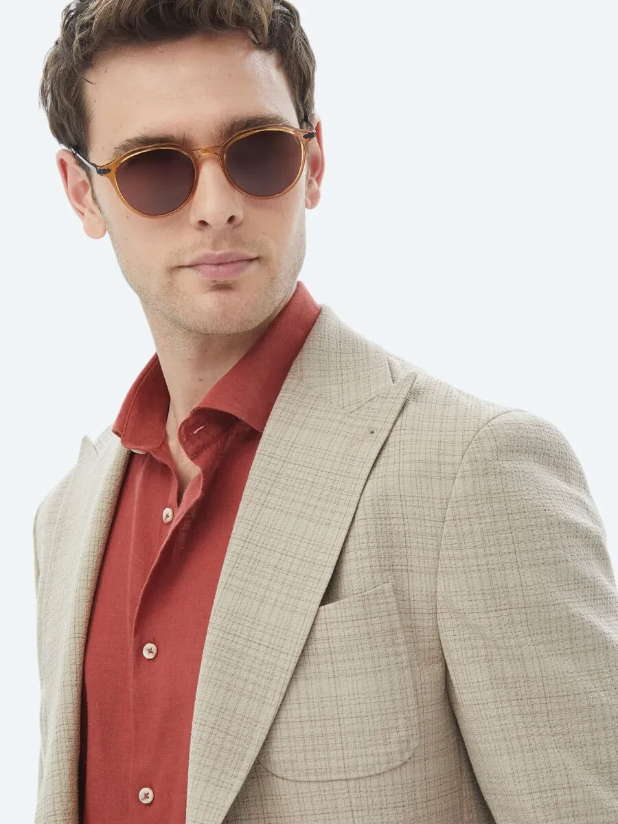 Mink Checkered Modern Fit Wool Blended Jacket - 6