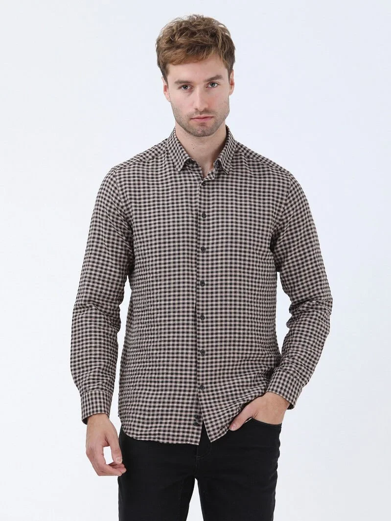 Mink Checkered Regular Fit Weaving Casual Cotton Blended Shirt - 1