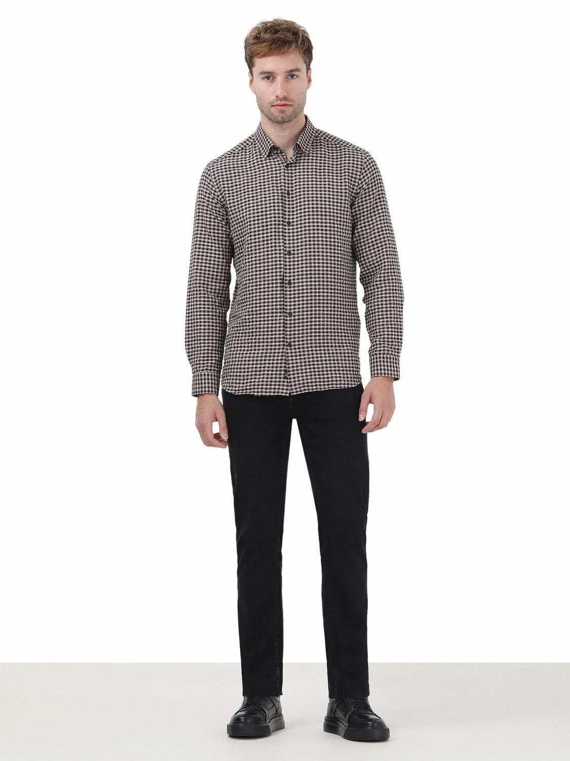 Mink Checkered Regular Fit Weaving Casual Cotton Blended Shirt - 2