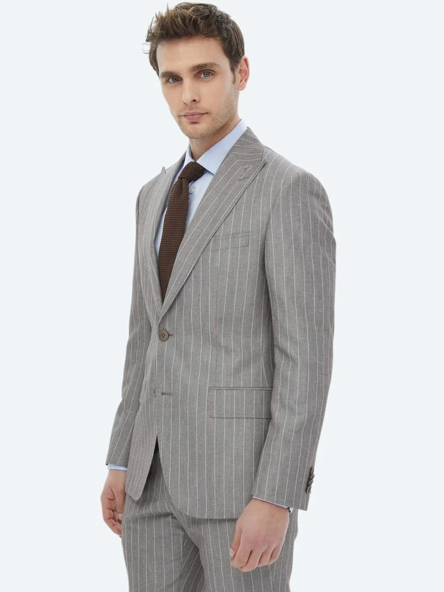 Mink Striped Modern Fit Linen Blended Suit - 1