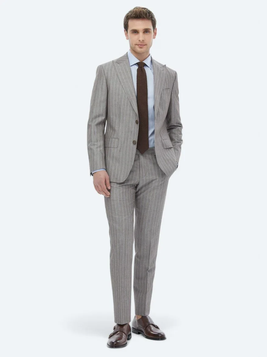 Mink Striped Modern Fit Linen Blended Suit - 2