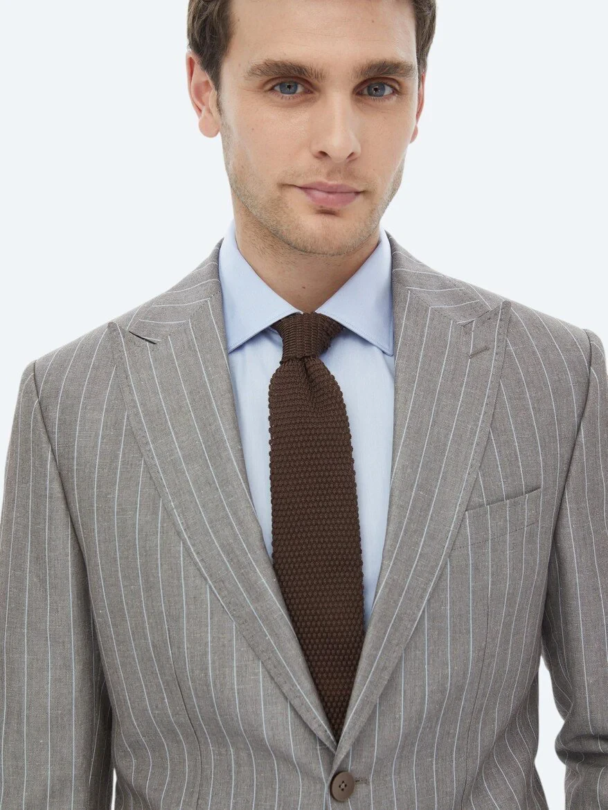 Mink Striped Modern Fit Linen Blended Suit - 7