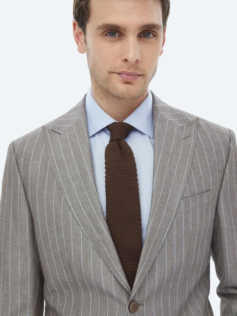 Mink Striped Modern Fit Linen Blended Suit - 7
