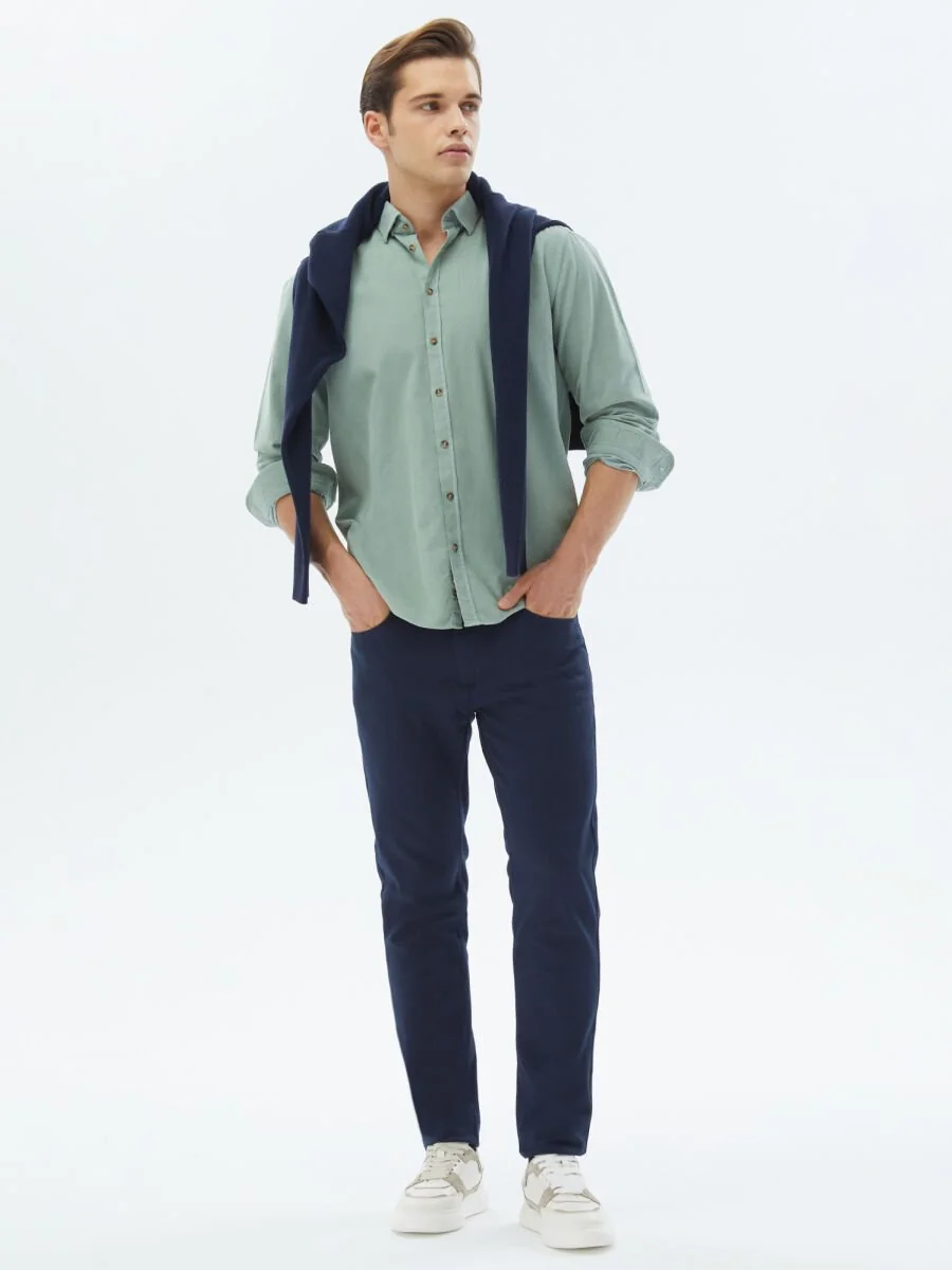 Mint Fitilli Regular Fit Dokuma Kadife Casual %100 Pamuk Gömlek - 2