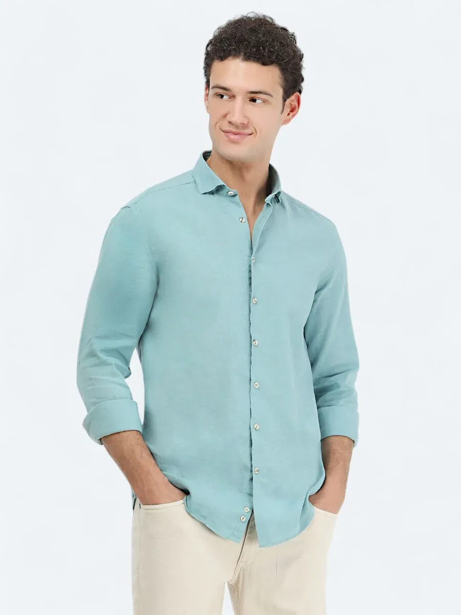 Mint Plain Regular Fit Weaving Casual Cotton Blended Shirt - 1