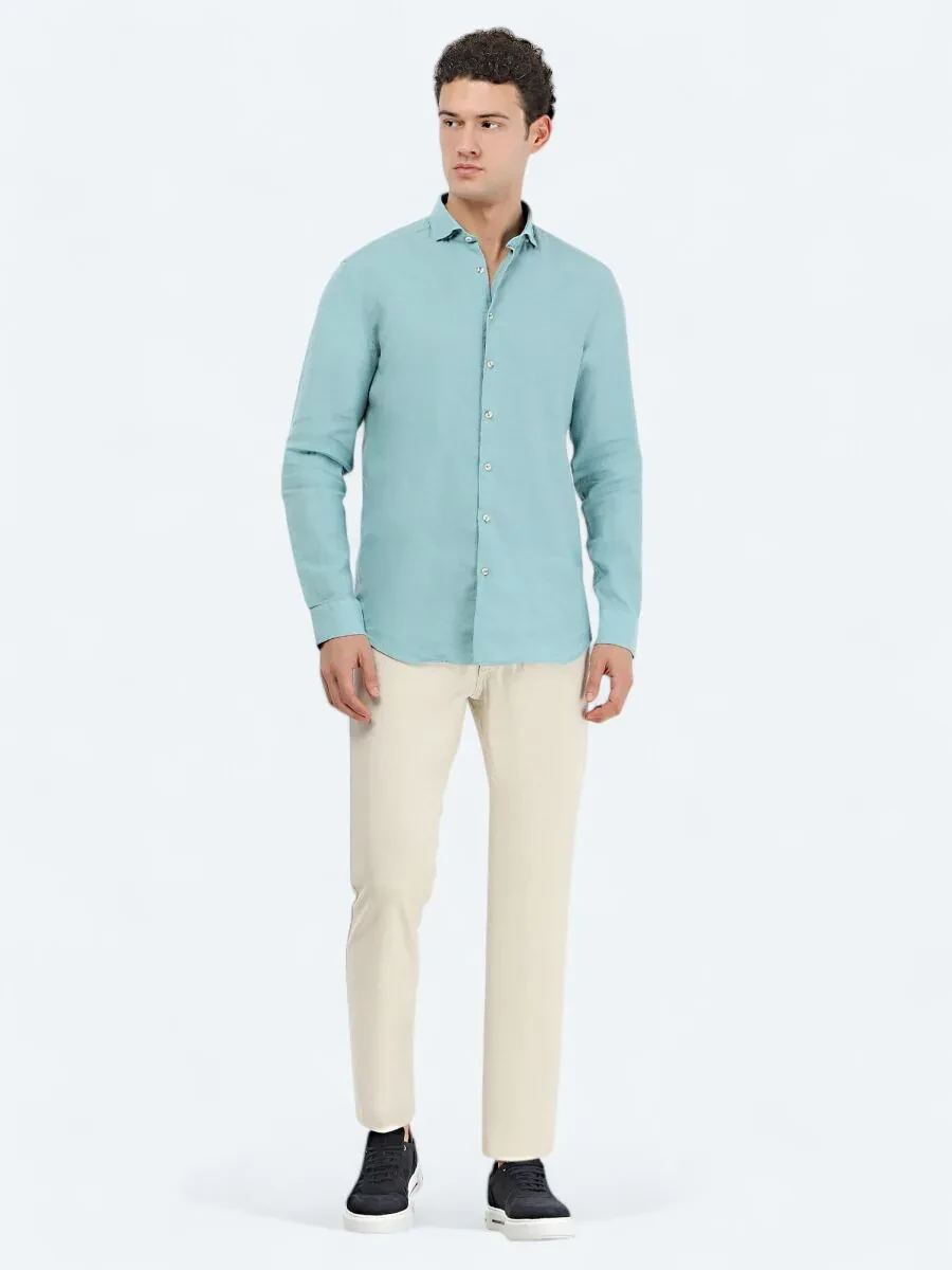 Mint Plain Regular Fit Weaving Casual Cotton Blended Shirt - 2
