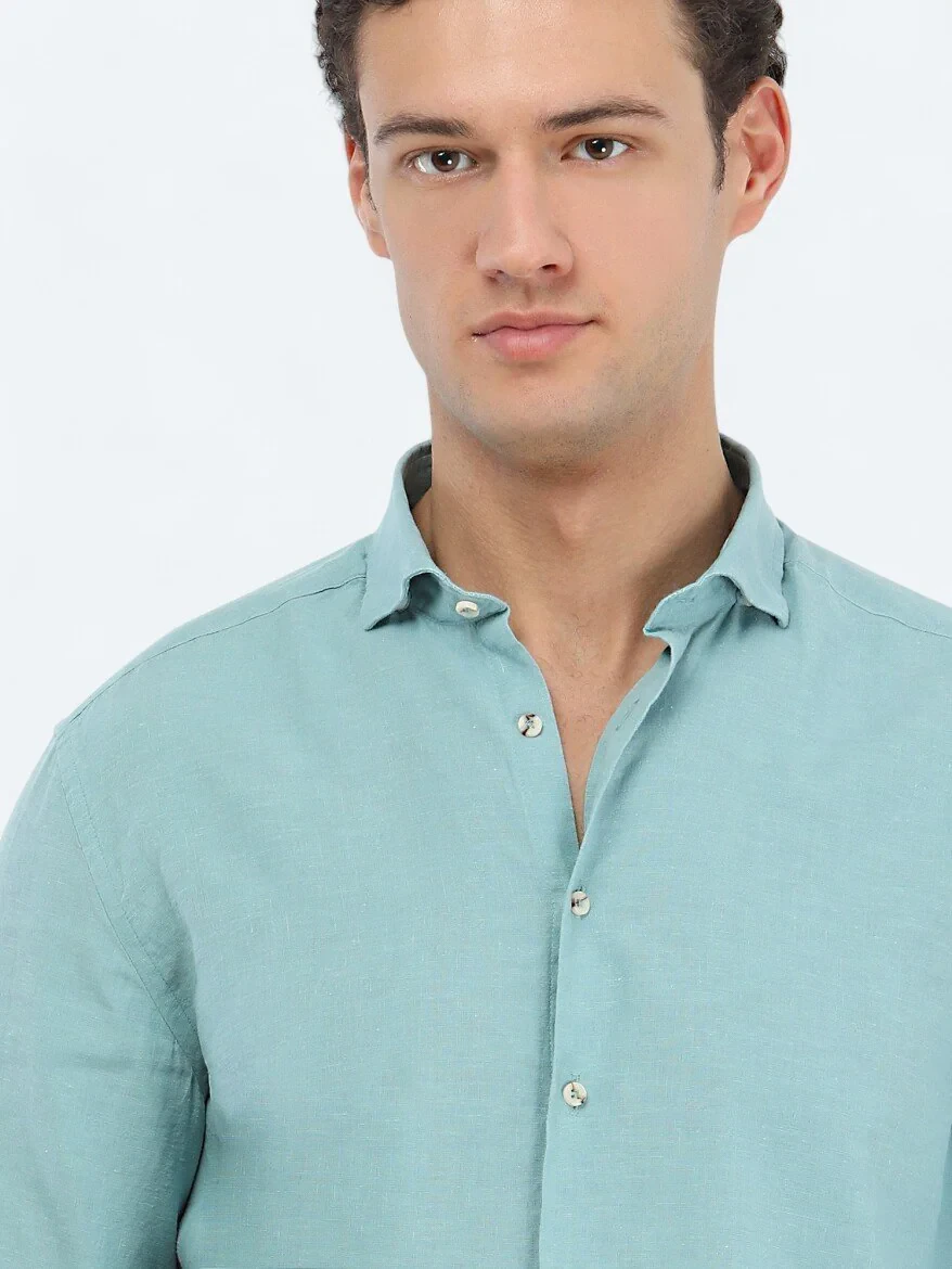 Mint Plain Regular Fit Weaving Casual Cotton Blended Shirt - 3