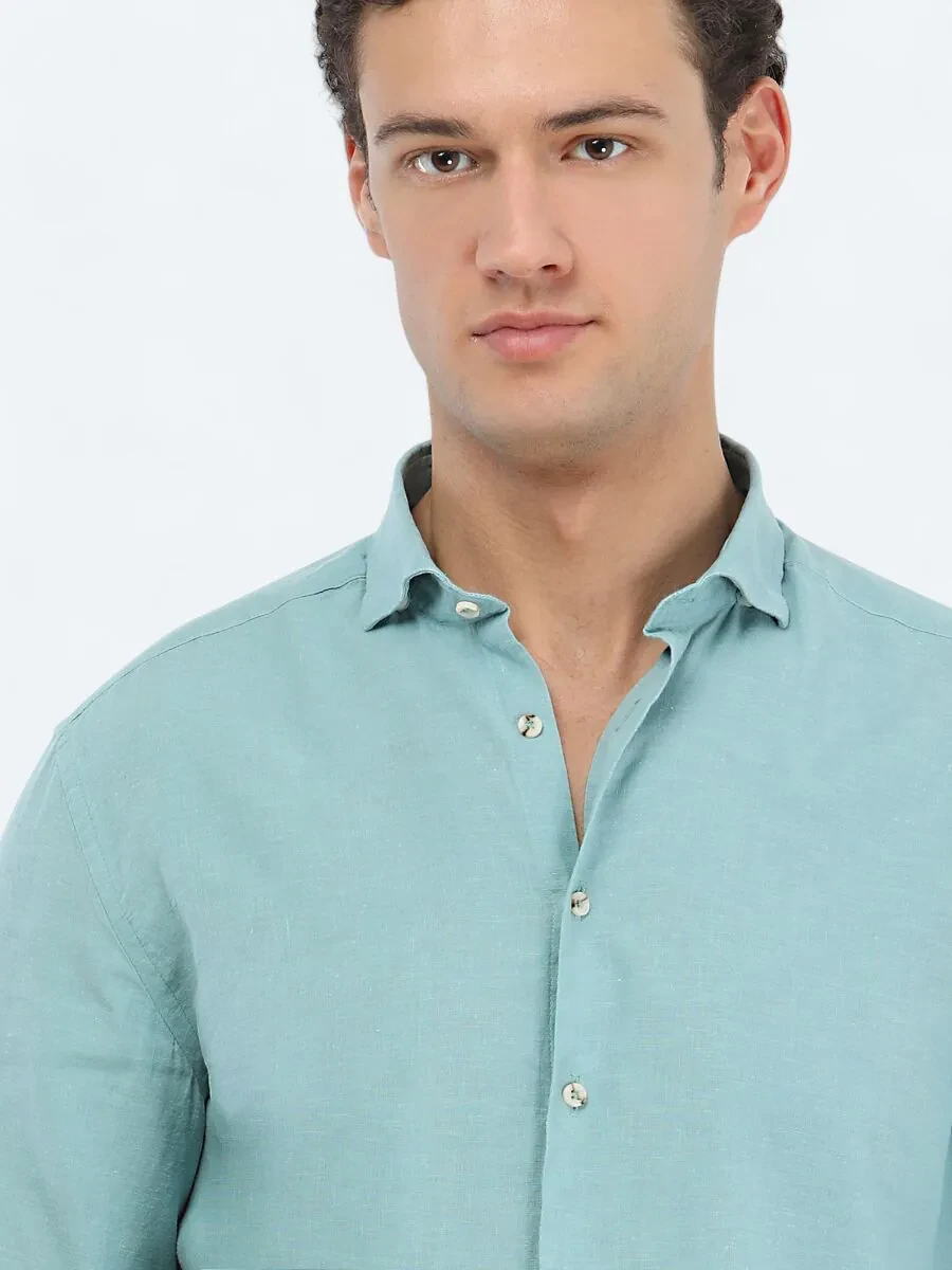 Mint Plain Regular Fit Weaving Casual Cotton Blended Shirt - 3