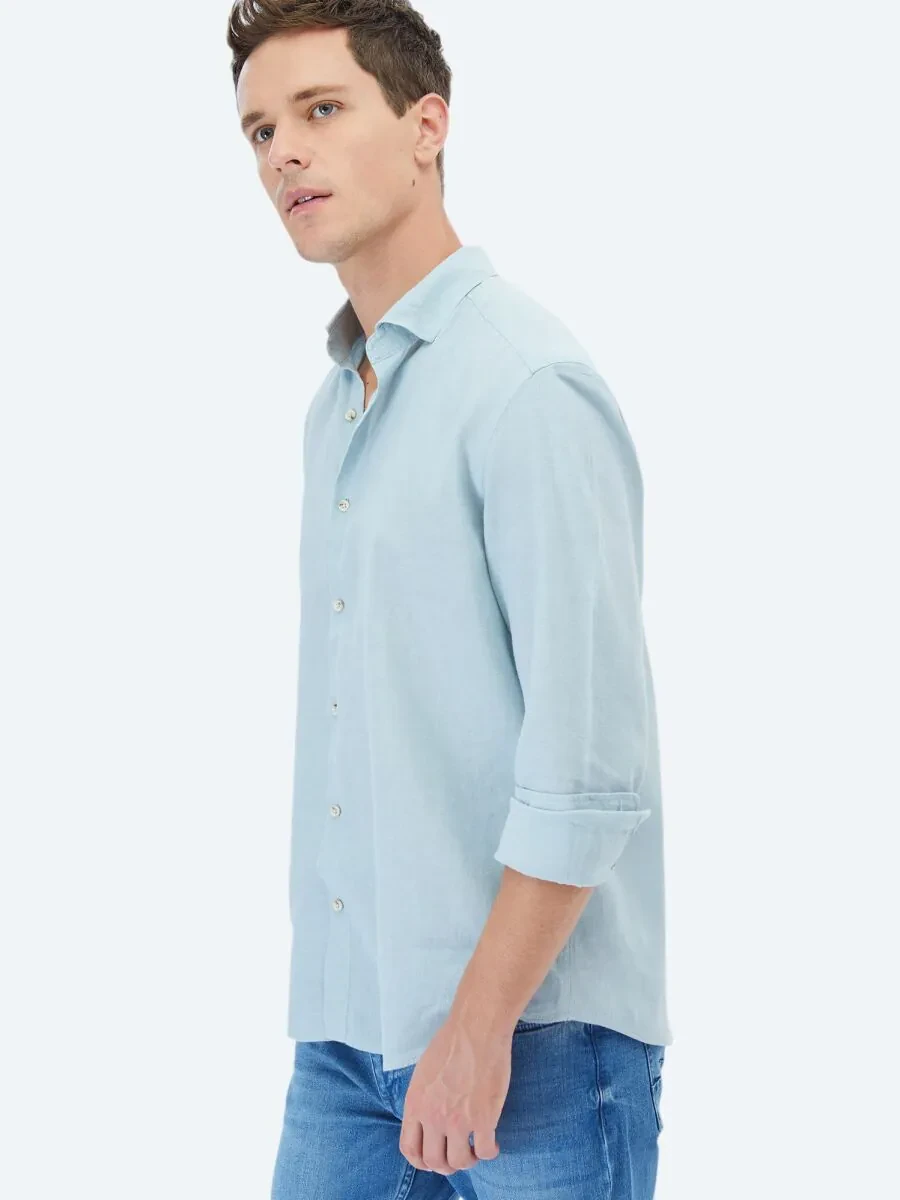 Mint Plain Regular Fit Weaving Casual Cotton Blended Shirt - 3