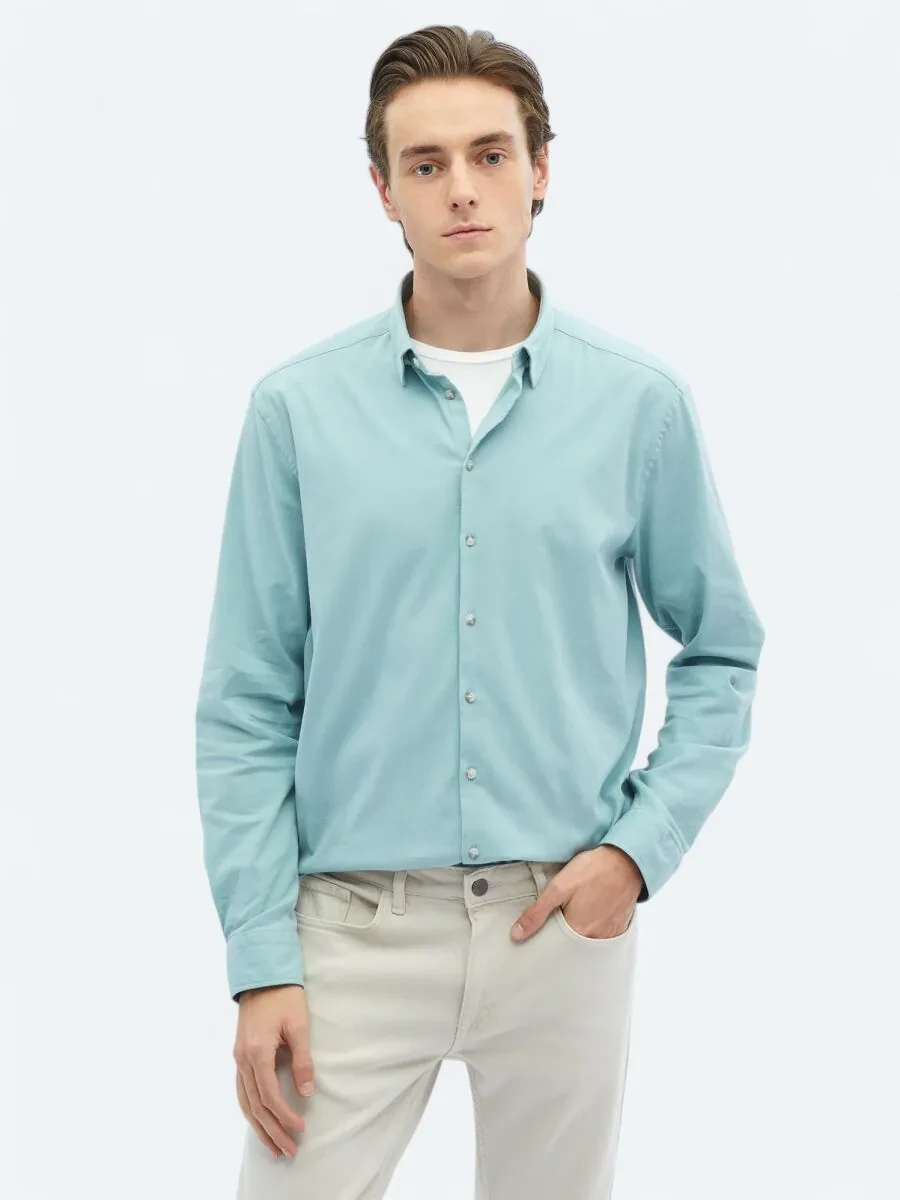 Mint Plain Regular Fit Weaving Casual Cotton Blended Shirt - 1