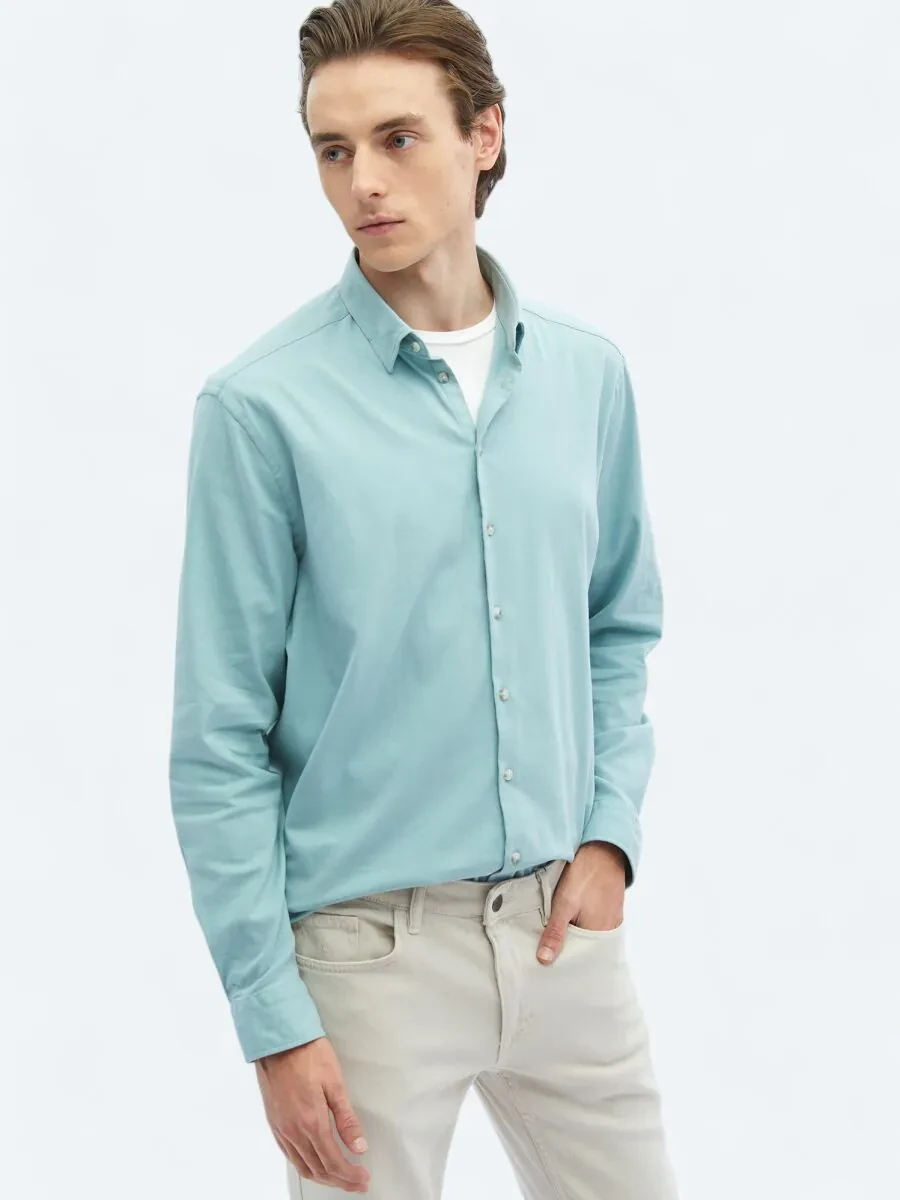 Mint Plain Regular Fit Weaving Casual Cotton Blended Shirt - 3