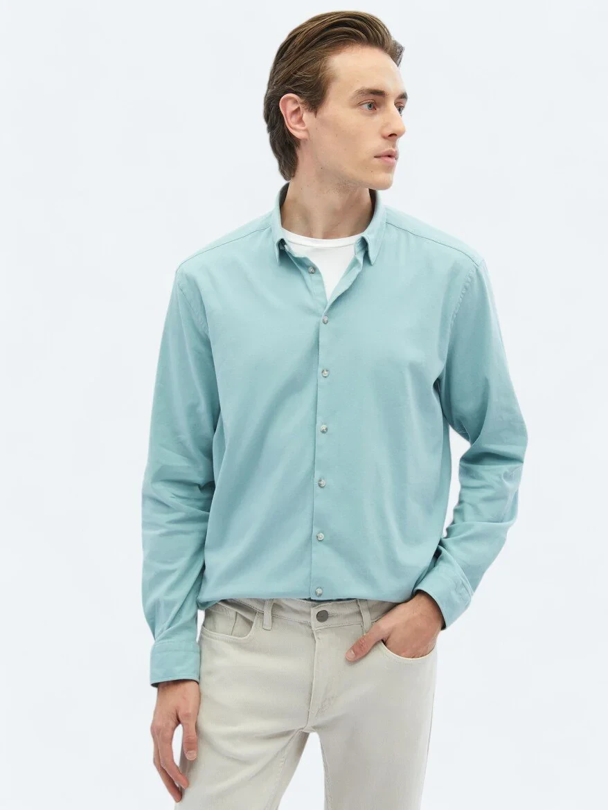 Mint Plain Regular Fit Weaving Casual Cotton Blended Shirt 