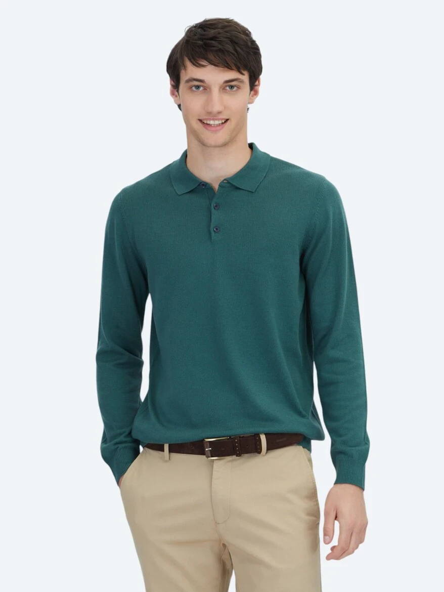 Mint Polo Yaka Düz Örgü Pamuk Karışımlı Triko Kazak - 1