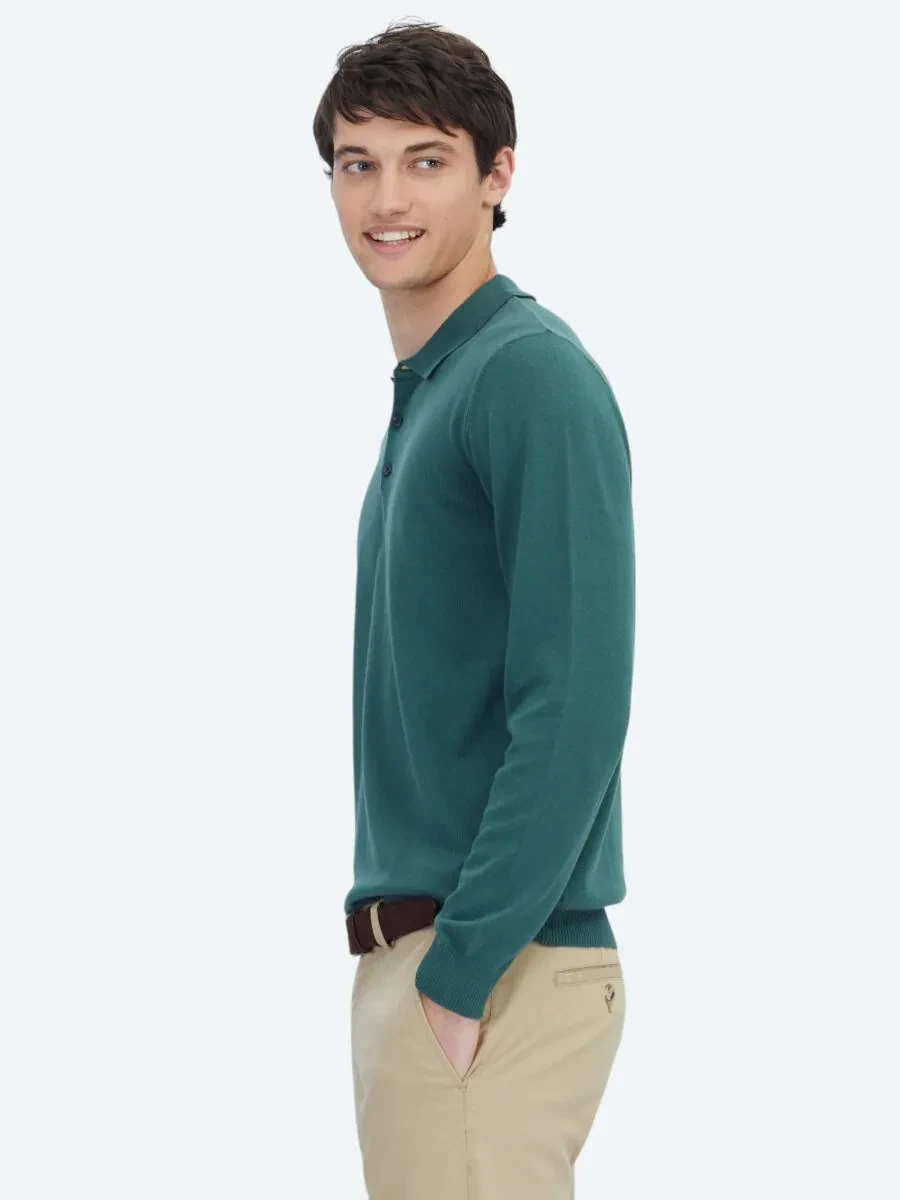 Mint Polo Yaka Düz Örgü Pamuk Karışımlı Triko Kazak - 3