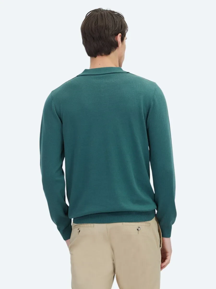 Mint Polo Yaka Düz Örgü Pamuk Karışımlı Triko Kazak - 6