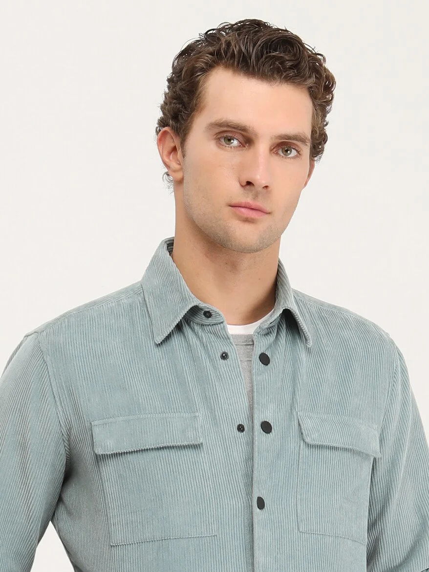 Mint Regular Fit Dokuma %100 Pamuk Overshırt - 4