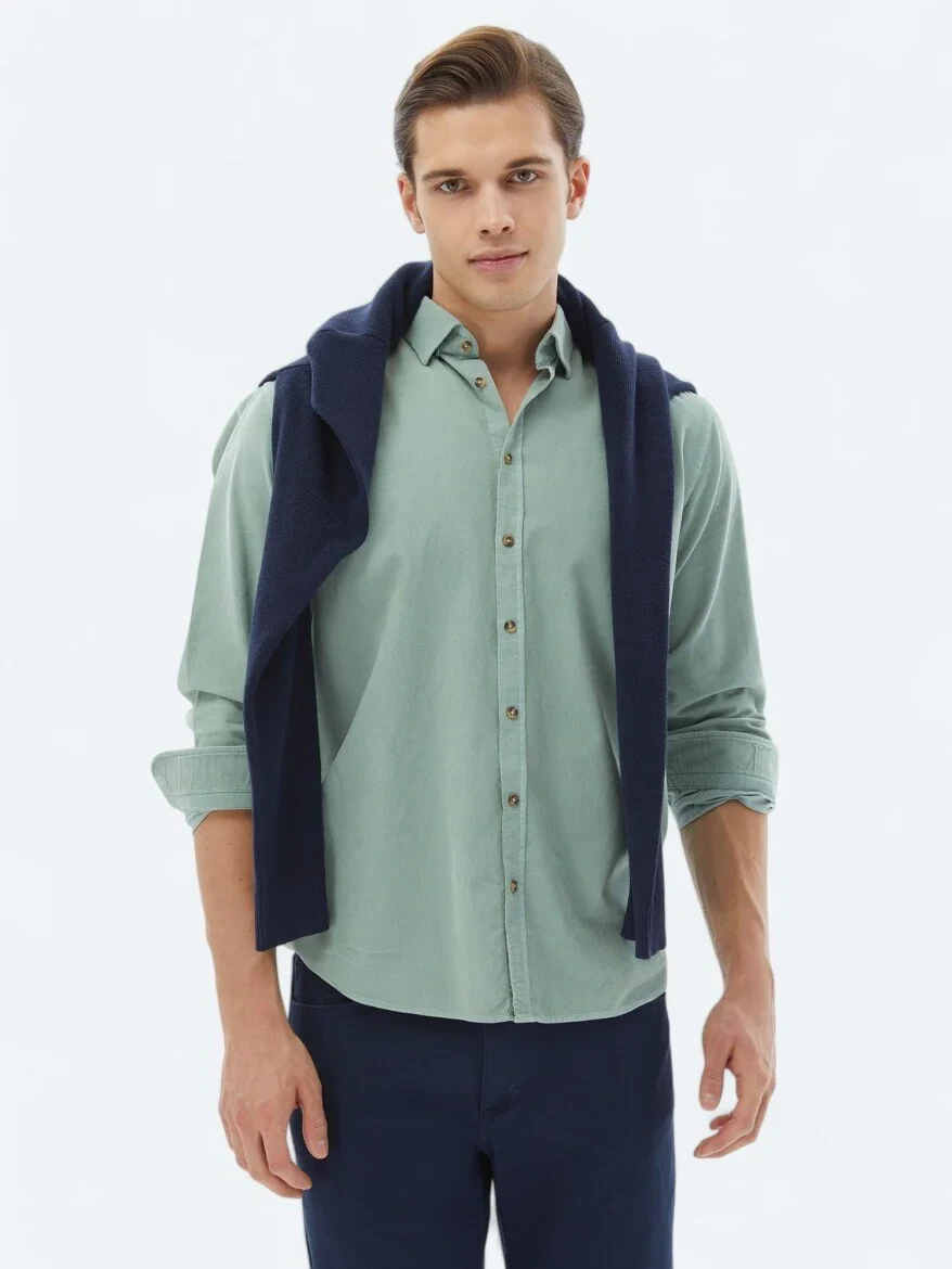 Mint Ribbed Regular Fit Weaving Casual 100% Cotton Shirt - 1