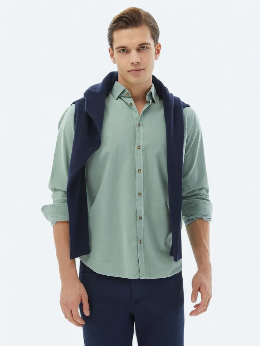 Mint Ribbed Regular Fit Weaving Casual 100% Cotton Shirt - 1