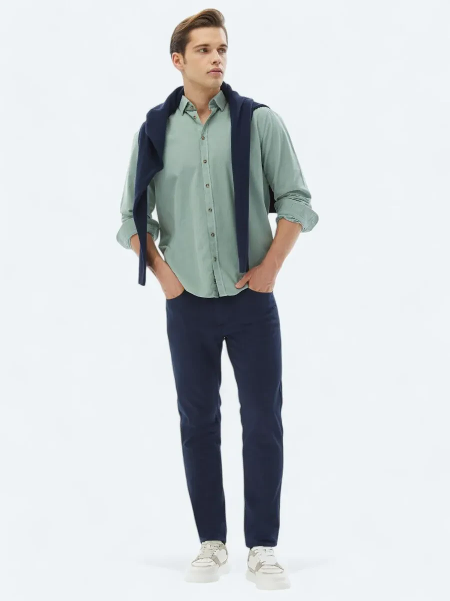 Mint Ribbed Regular Fit Weaving Casual 100% Cotton Shirt - 2