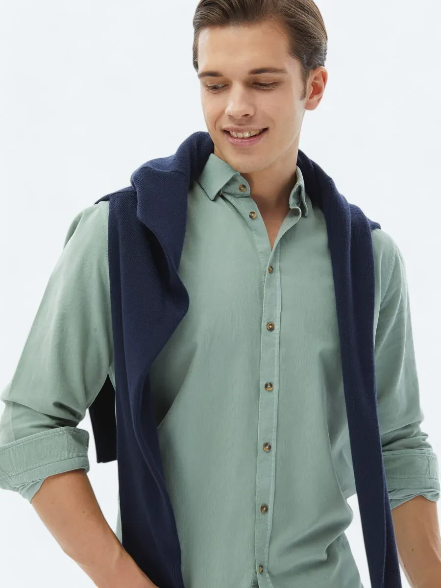 Mint Ribbed Regular Fit Weaving Casual 100% Cotton Shirt - 4
