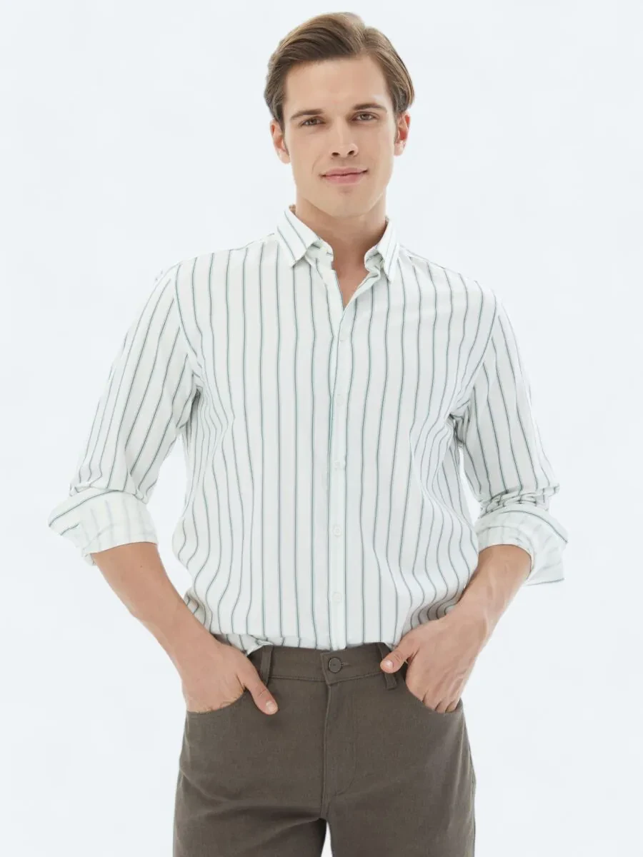 Mint Striped Regular Fit Weaving Casual 100% Cotton Shirt - 1