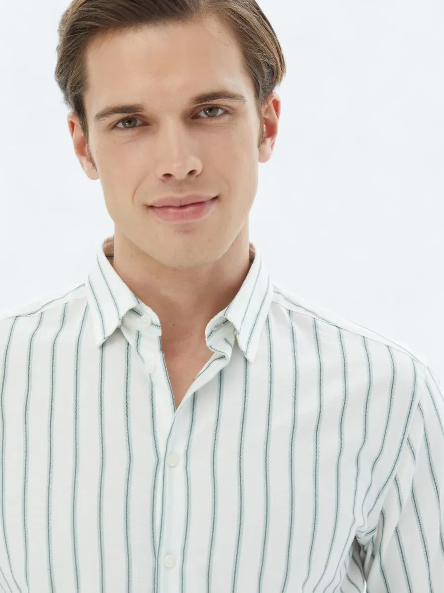 Mint Striped Regular Fit Weaving Casual 100% Cotton Shirt - 3