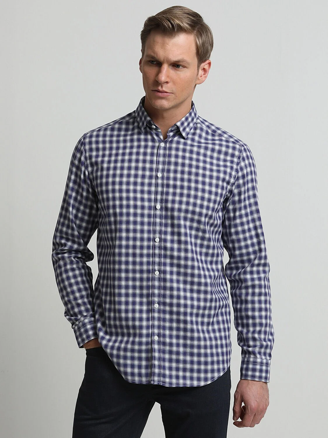 Mor Kareli Regular Fit Dokuma Casual %100 Pamuk Gömlek - 1