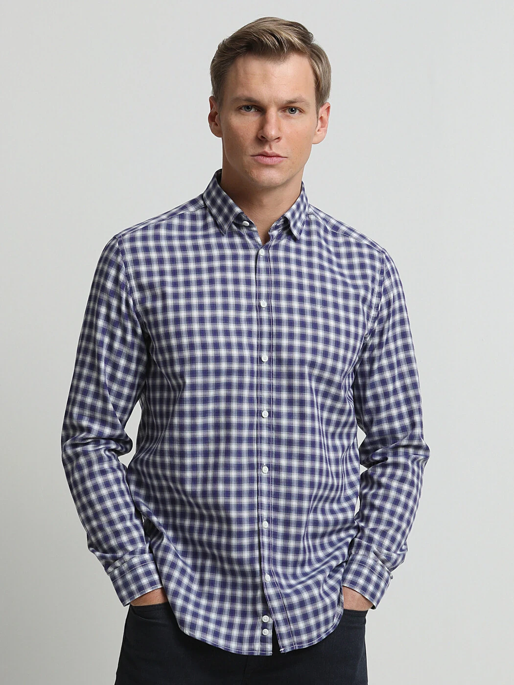 Mor Kareli Regular Fit Dokuma Casual %100 Pamuk Gömlek - 3