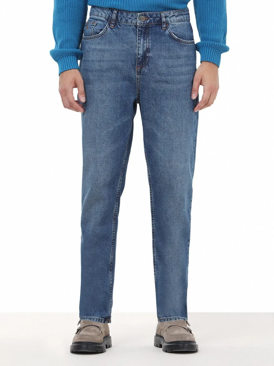 Navy Blue Carrot Fit Denim Cotton Blended Trousers - 1