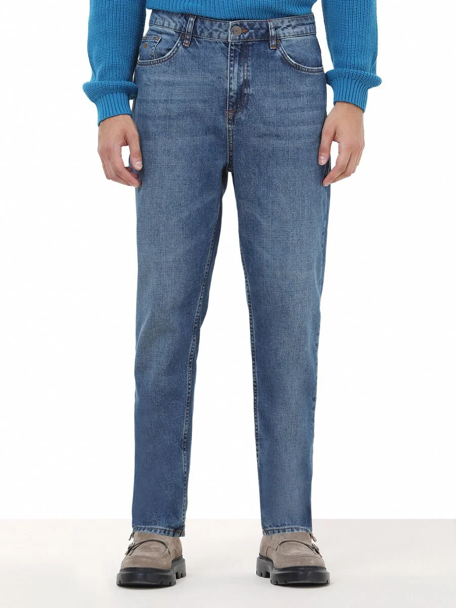 Navy Blue Carrot Fit Denim Cotton Blended Trousers - 1
