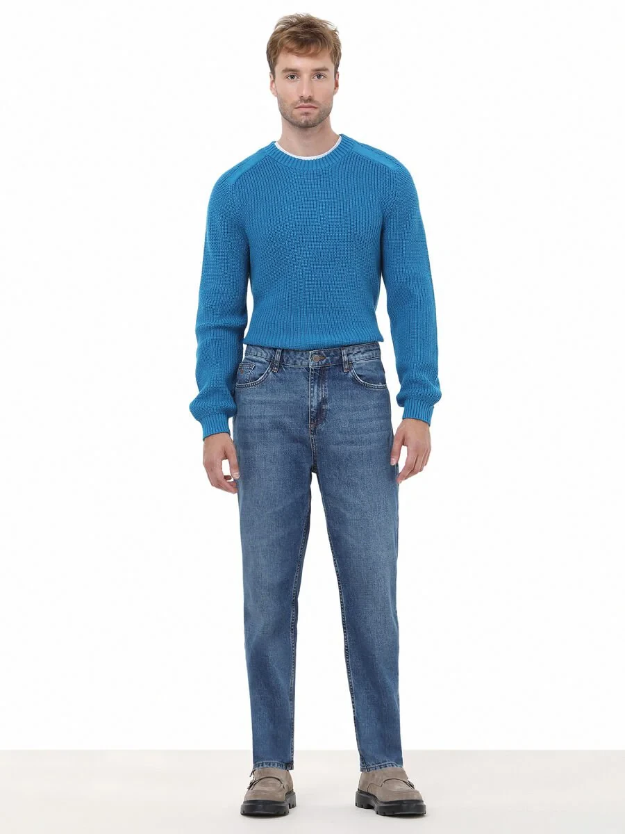 Navy Blue Carrot Fit Denim Cotton Blended Trousers - 2
