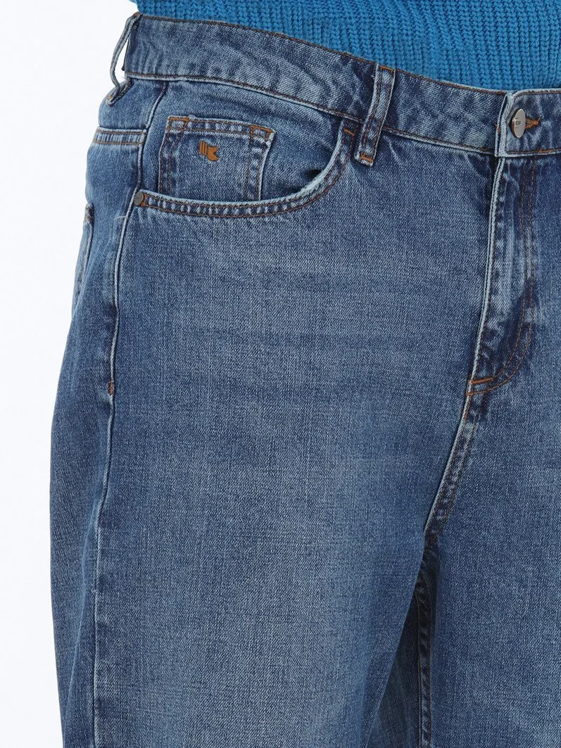 Navy Blue Carrot Fit Denim Cotton Blended Trousers - 4