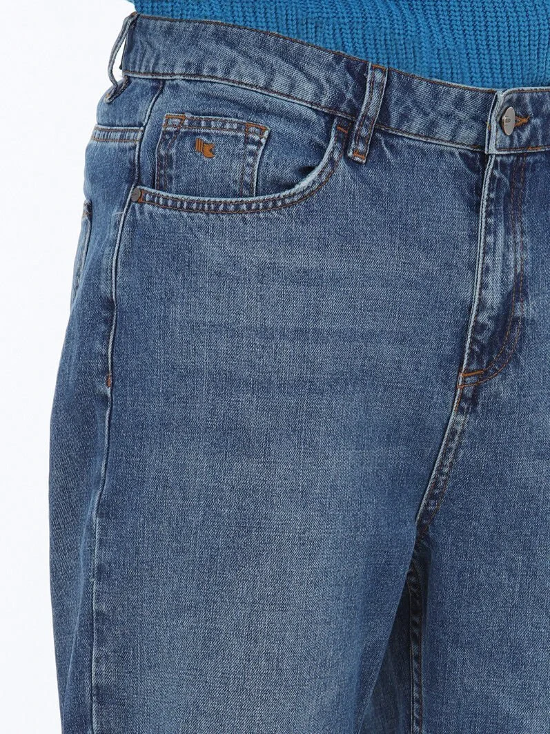 Navy Blue Carrot Fit Denim Cotton Blended Trousers - 4
