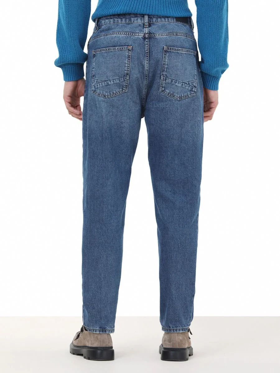 Navy Blue Carrot Fit Denim Cotton Blended Trousers - 5
