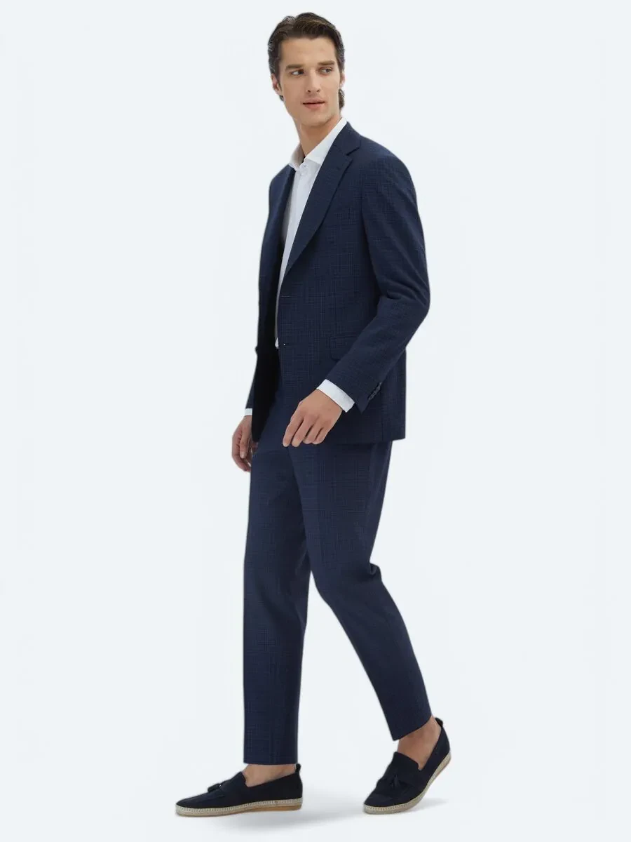 Navy Blue Checkered Modern Fit Wool Blended Suit - 3