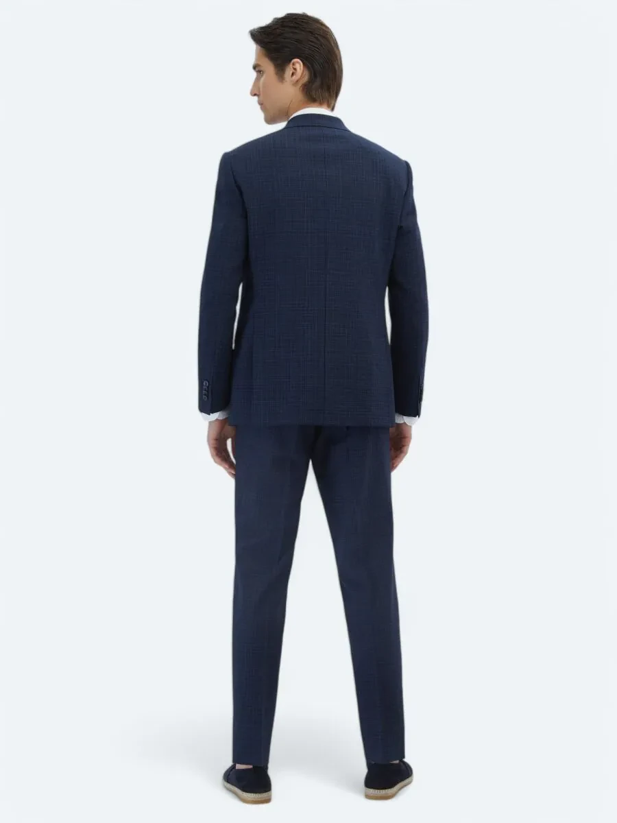 Navy Blue Checkered Modern Fit Wool Blended Suit - 5
