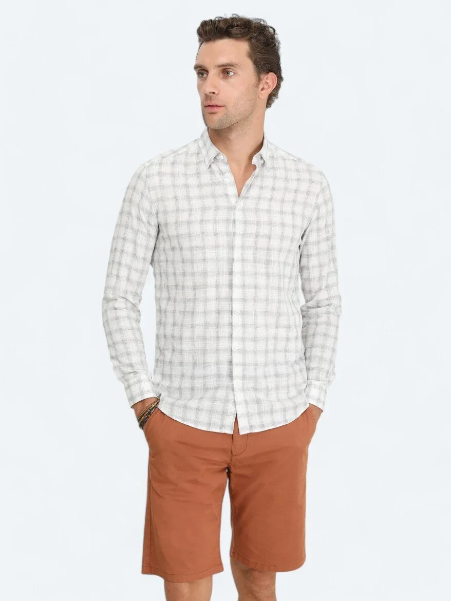 Navy Blue Checkered Regular Fit Weaving Casual Cotton Blended Shirt - 1