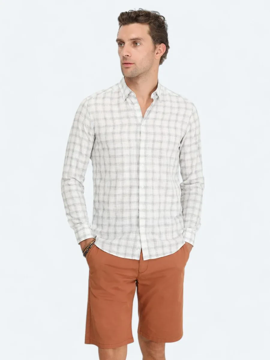 Navy Blue Checkered Regular Fit Weaving Casual Cotton Blended Shirt - 1