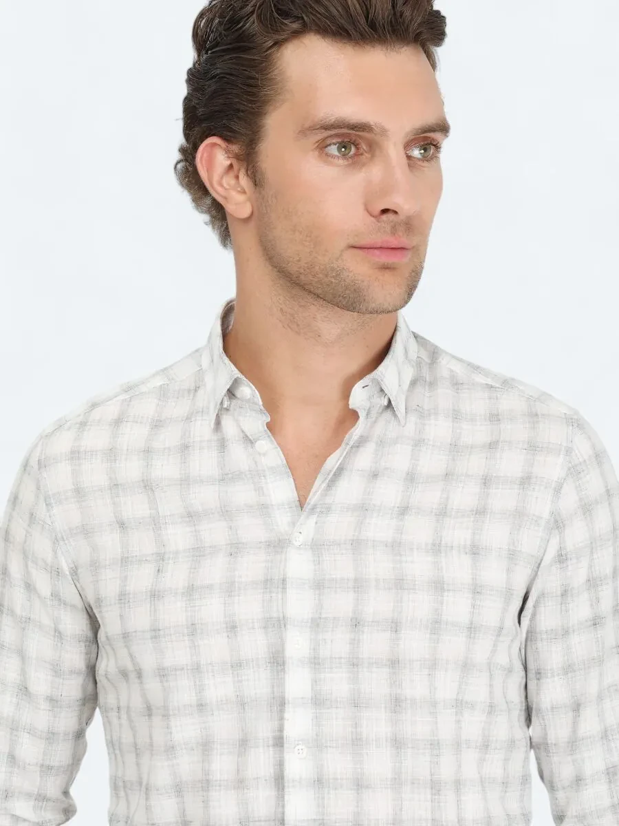 Navy Blue Checkered Regular Fit Weaving Casual Cotton Blended Shirt - 3
