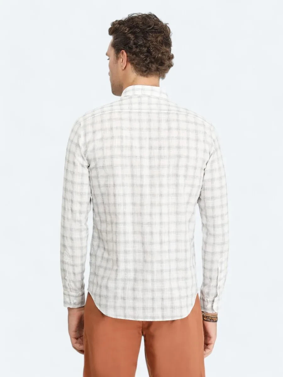 Navy Blue Checkered Regular Fit Weaving Casual Cotton Blended Shirt - 4