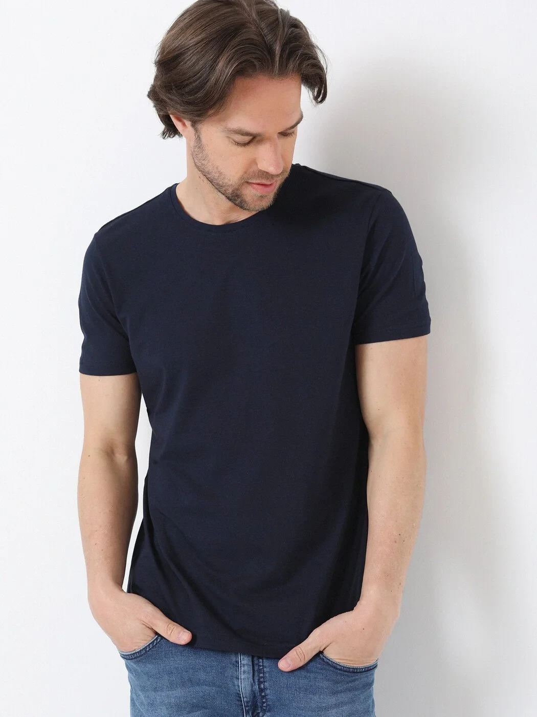 Navy Blue Cotton Blended T-Shirt - 2