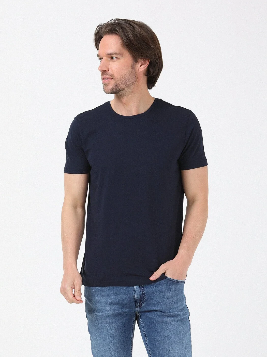 Navy Blue Cotton Blended T-Shirt 