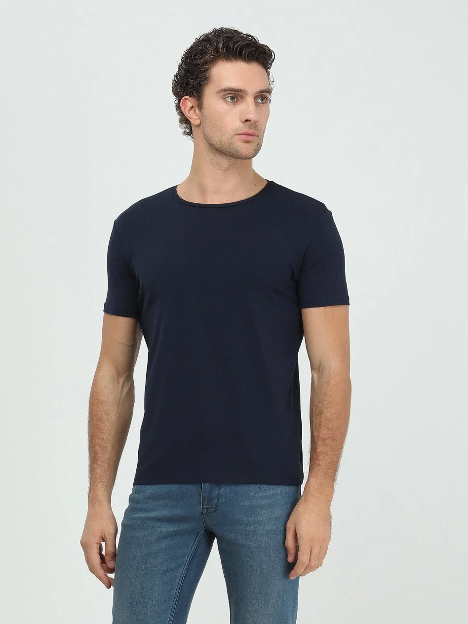 Navy Blue Cotton Blended T-Shirt - 1