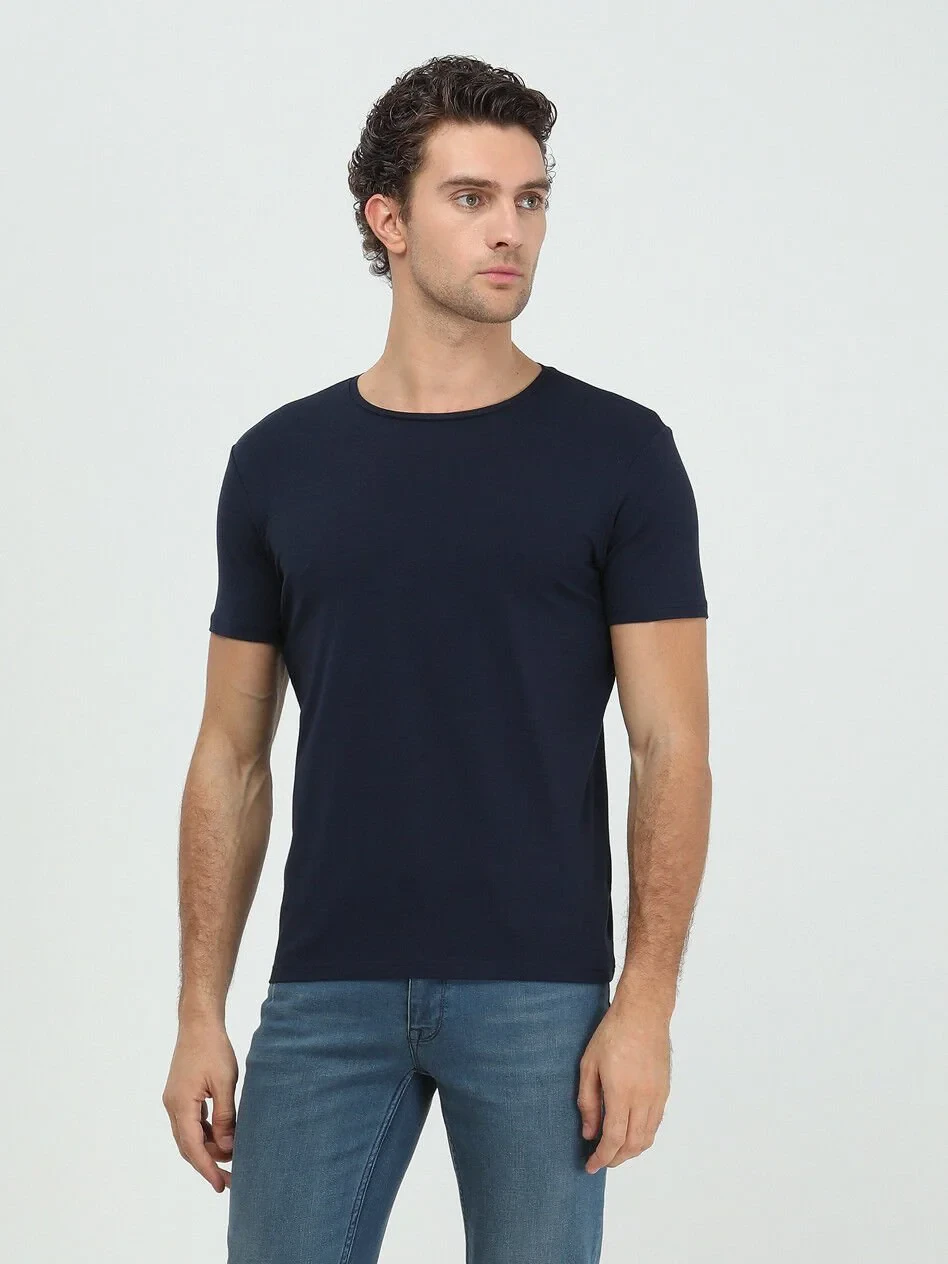 Navy Blue Cotton Blended T-Shirt - 1