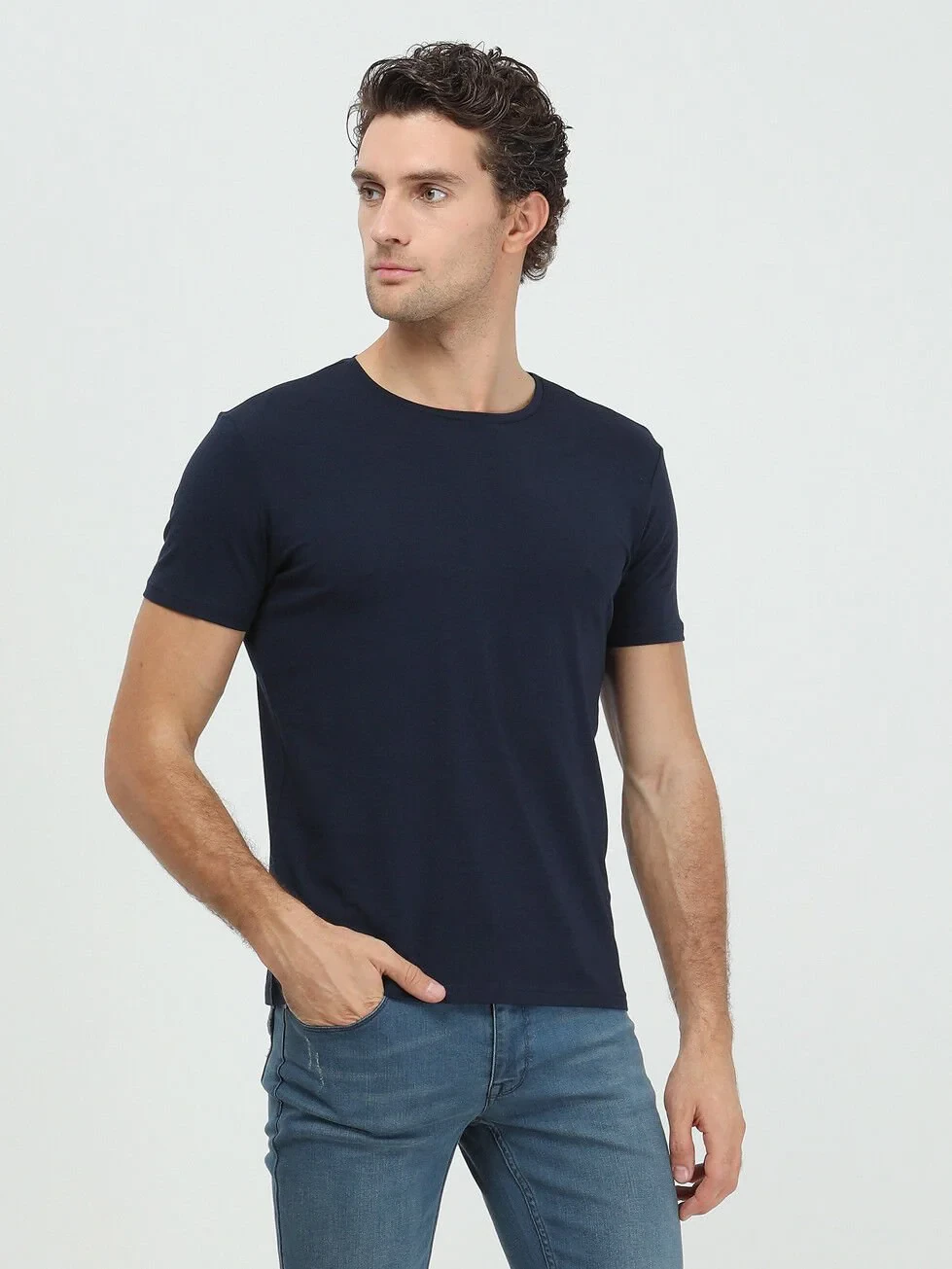Navy Blue Cotton Blended T-Shirt - 2