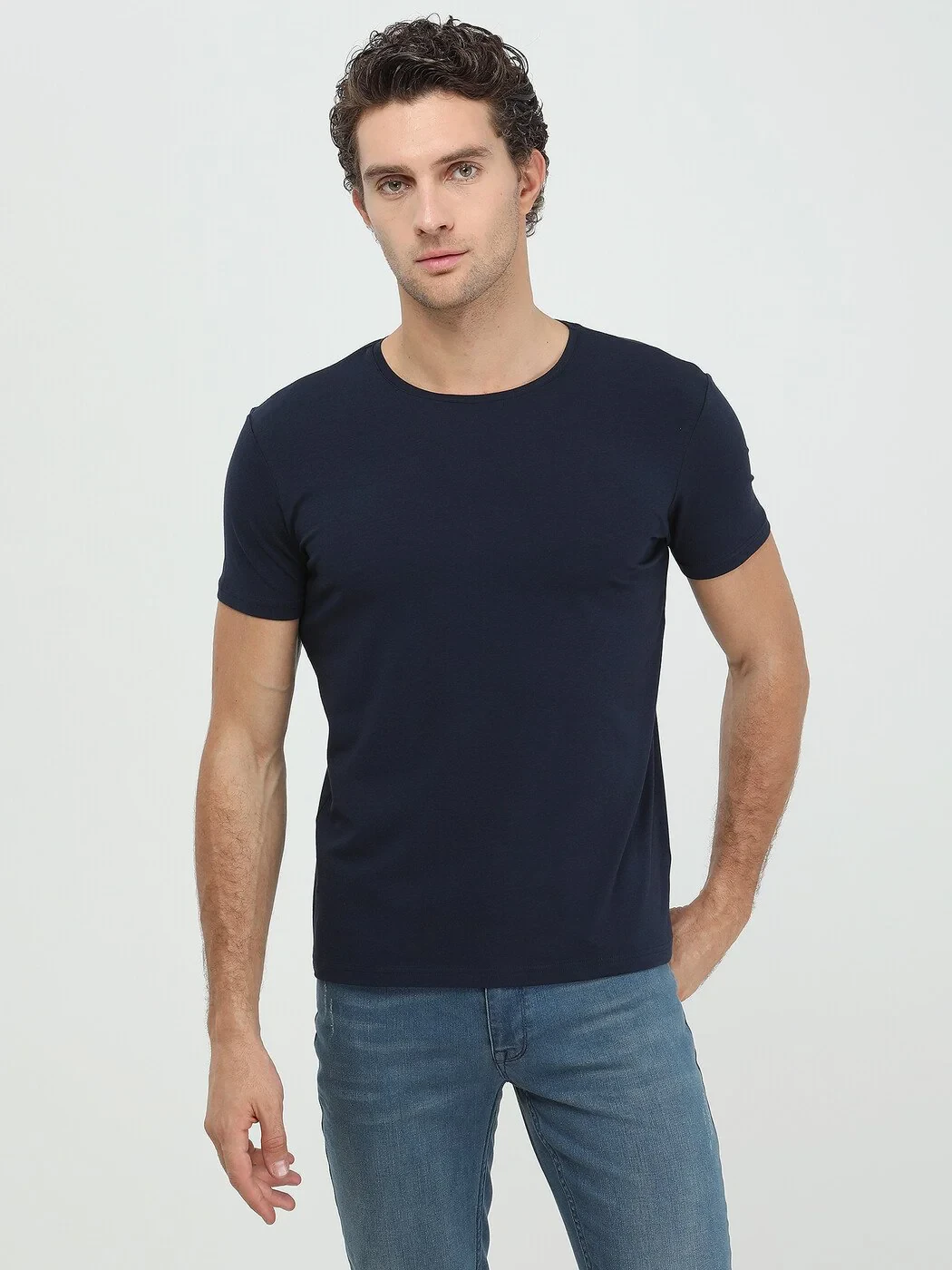 Navy Blue Cotton Blended T-Shirt - 3