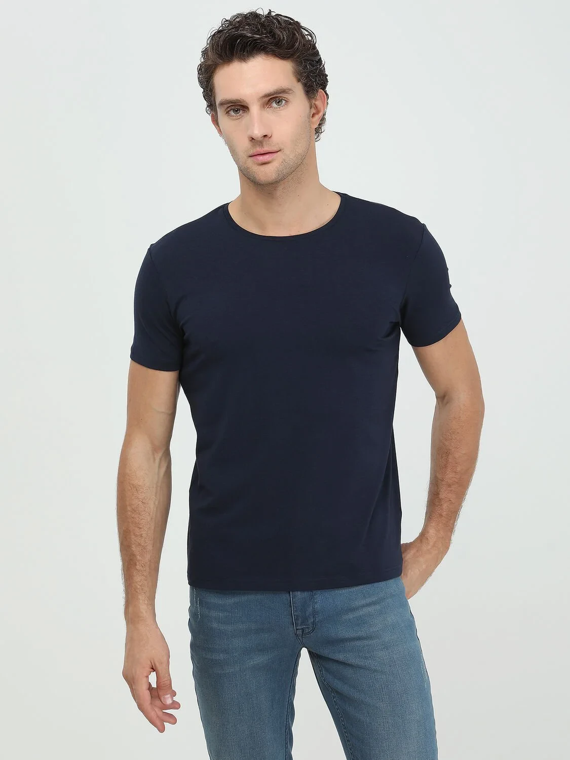 Navy Blue Cotton Blended T-Shirt - 3